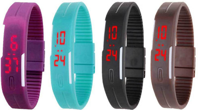 Kissu Led Magnet Band Combo of 4 Purple, Sky Blue, Black And Brown Watch - For Men & Women