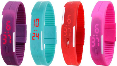 NS18 Silicone Led Magnet Band Watch Combo of 4 Purple, Sky Blue, Red And Pink Watch - For Couple