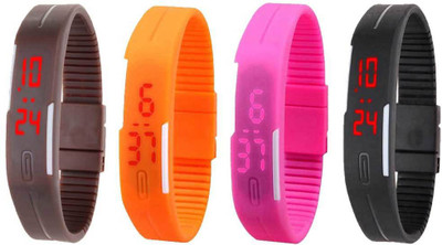 NS18 Silicone Led Magnet Band Combo of 4 Brown, Orange, Pink And Black Watch - For Boys & Girls
