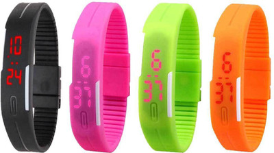 Kissu Led Magnet Band Combo of 4 Black, Pink, Green And Orange Watch - For Men & Women