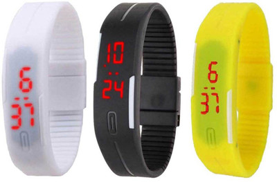 NS18 Silicone Led Magnet Band Combo of 3 White, Black And Yellow Watch - For Boys & Girls