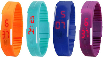Kissu Led Magnet Band Combo of 4 Orange, Sky Blue, Blue And Purple Watch - For Men & Women