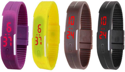 Kissu Led Magnet Band Combo of 4 Purple, Yellow, Brown And Black Watch - For Men & Women