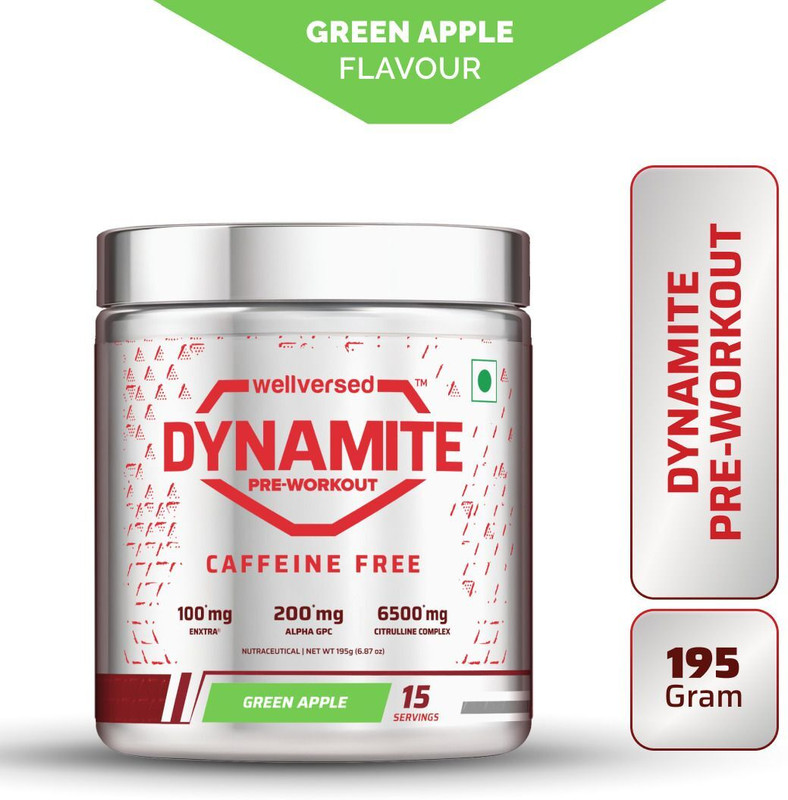 Wellversed Dynamite Pre-Workout Caffeine Free 15 Servings | For Late Evening & Night Workouts Pre Workout(195 g, Green Apple)