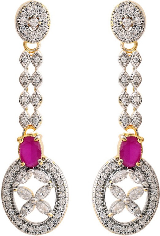 rajwada arts Gold colored Cubic Zirconia Brass Long Hanging Earring with pink color stone Brass Drops & Danglers