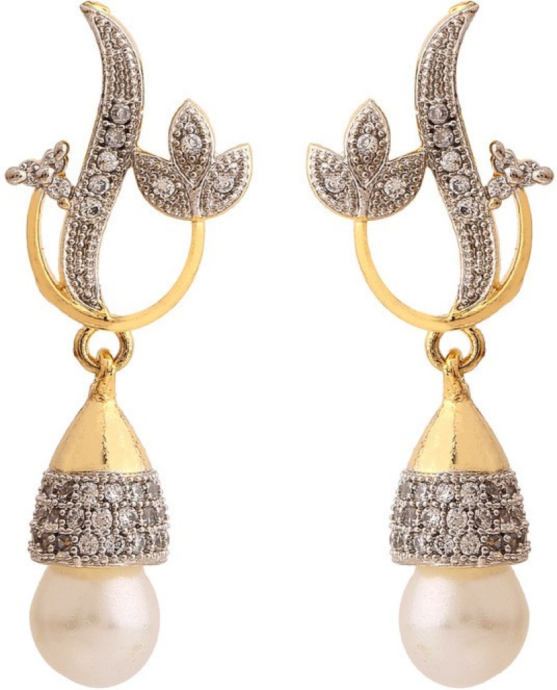 rajwada arts Gold colored Cubic Zirconia Brass Hanging Jhmki Earring with Pearl Drop Brass Drops & Danglers