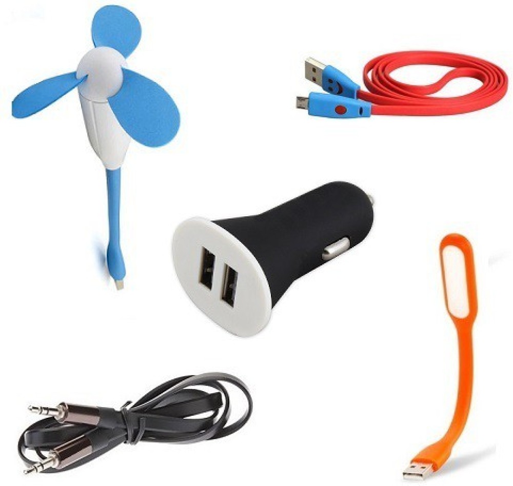 De-TechInn Cable Accessory Combo for With HQ Dual car Charger,, Smile nad Flat Aux Cable,, Usb Flexible Fan And Led light