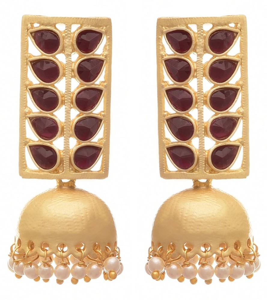 JFL-Jewellery For Less JFL - Traditional Ethnic Fusion Rectangular One Gram Matt Gold Plated Designer Jhumka Earring for Women & Girls Pearl Copper Jhumki Earring