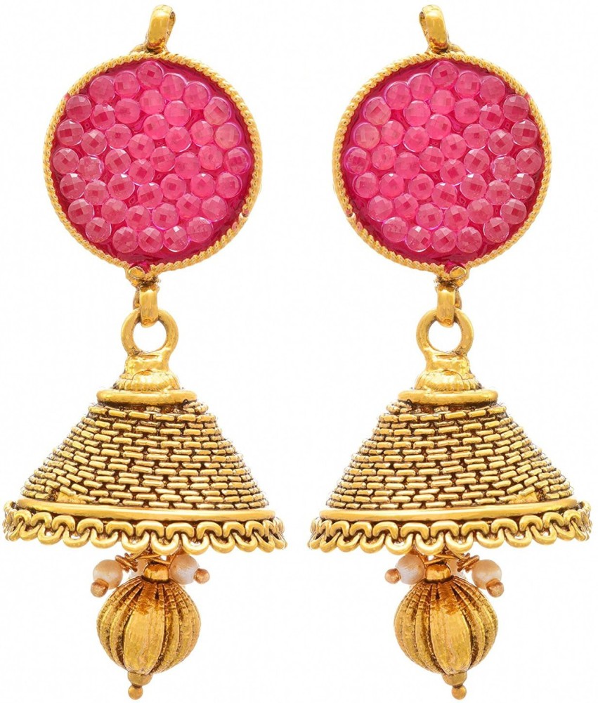 JFL-Jewellery For Less Traditional Ethnic One Gram Gold Plated Pink Stone Designer Jhumka Earring for Girls & Women. Copper Jhumki Earring