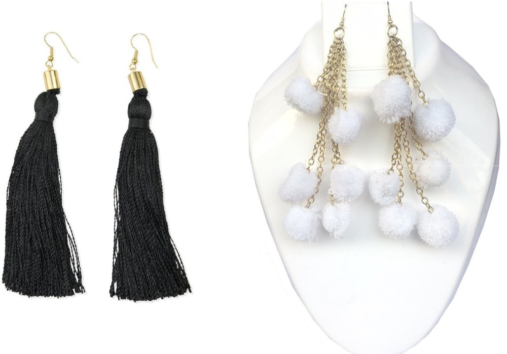 FashMade White Pompom & Black Tassel Fabric Drops & Danglers