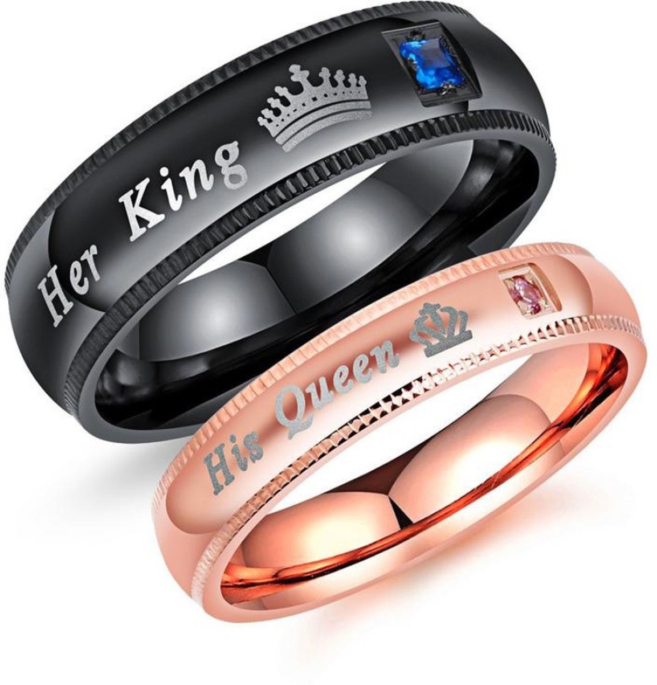 YELLOW CHIMES Crown Engraved 'King Queen'' Rose Gold Crystal Stainless Steel Gold Plated Ring