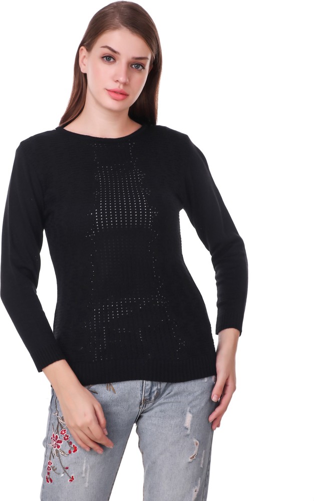 Christy World Solid Round Neck Casual Women Black Sweater