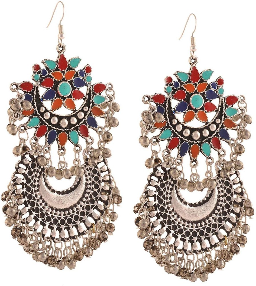 CRUNCHY FASHION Oxidised Silver Multicoloured Afghan Dangler Earrings Brass Drops & Danglers