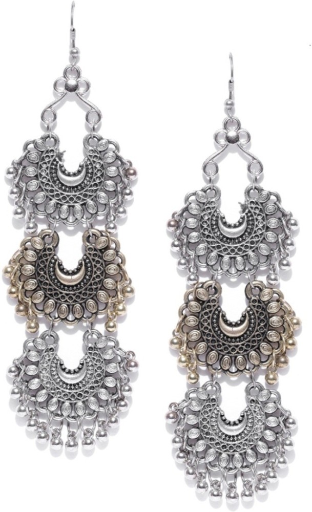CRUNCHY FASHION Crunchy Fashion Oxidised Silver & Antique Gold-Toned Crescent Shaped Drop Earrings Crystal Brass Drops & Danglers