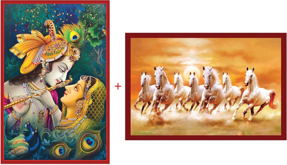 Vastu nano poster white 7 horse running sticker poster ( 12 x 18 inch),Radha Krishna Beautiful Wallpaper Sticker (12 X 18 Inch) )( Combo) Fine Art Print