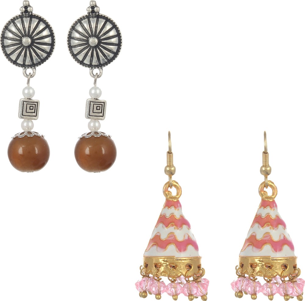 Nityaa Designer Brown, Pink German Silver, Enamel Earring Set For Women & Girls (Pack Of 2) German Silver, Enamel Earring Set