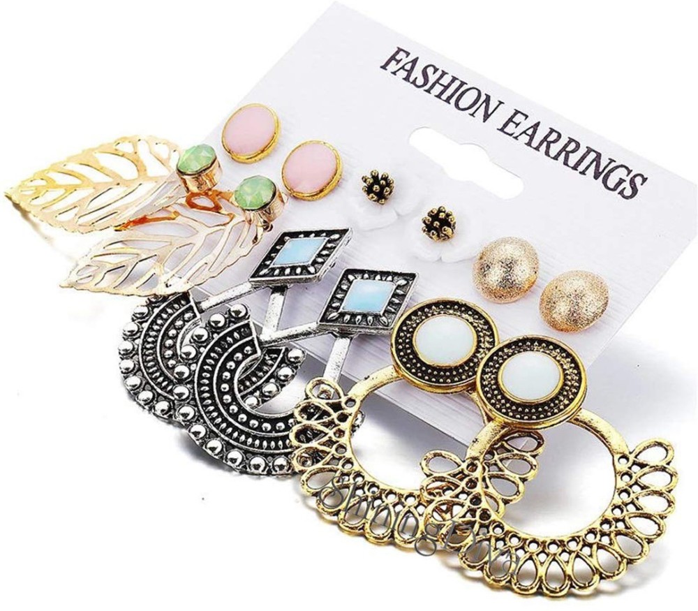 Shining Diva 6 Pairs Combo Stylish Drop Earrings for Women (Silver Gold) Cubic Zirconia Alloy Earring Set