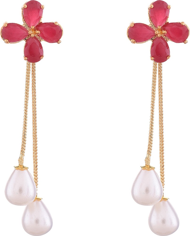 Ratnavali Jewels RV2966R Cubic Zirconia, Pearl Brass Stud Earring