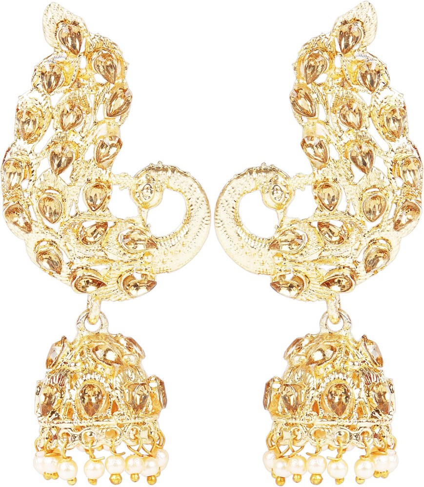 I Jewels Gold Plated Stone Studded Pearl Peacock Jhumki Earrings Crystal Alloy Jhumki Earring
