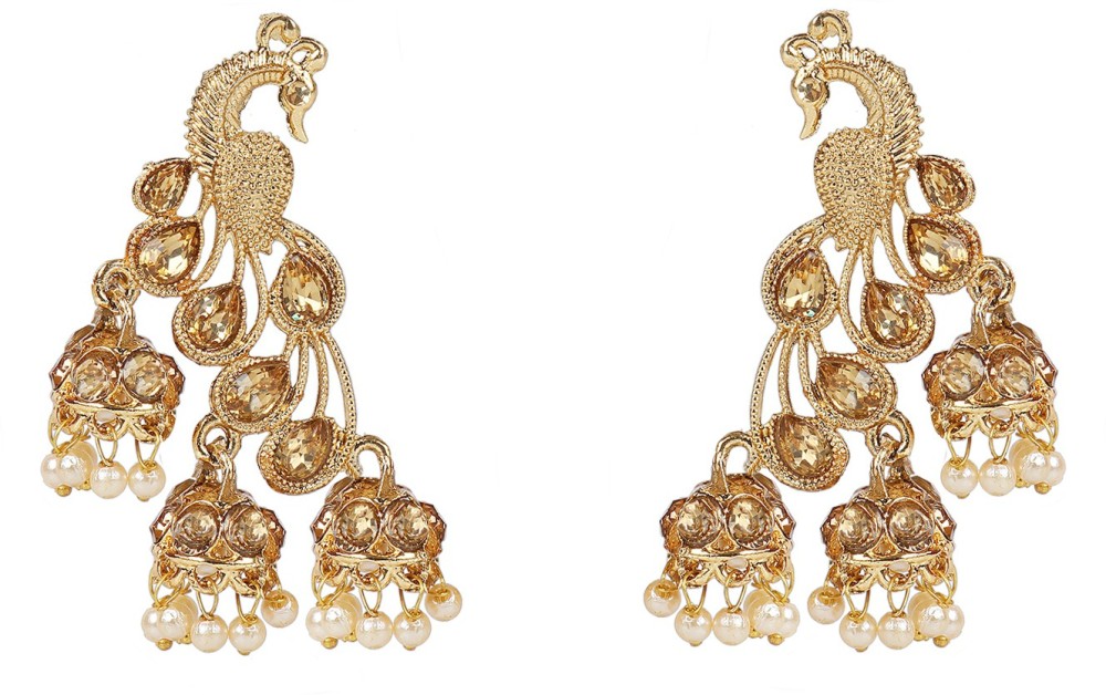 I Jewels Gold Plated Stone Studded Pearl Peacock Earrings Crystal Alloy Jhumki Earring
