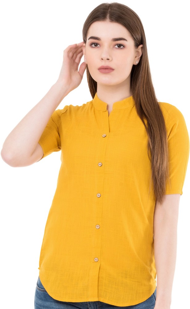 GMI Casual Half Sleeve, Short Sleeve Solid Women Yellow Top
