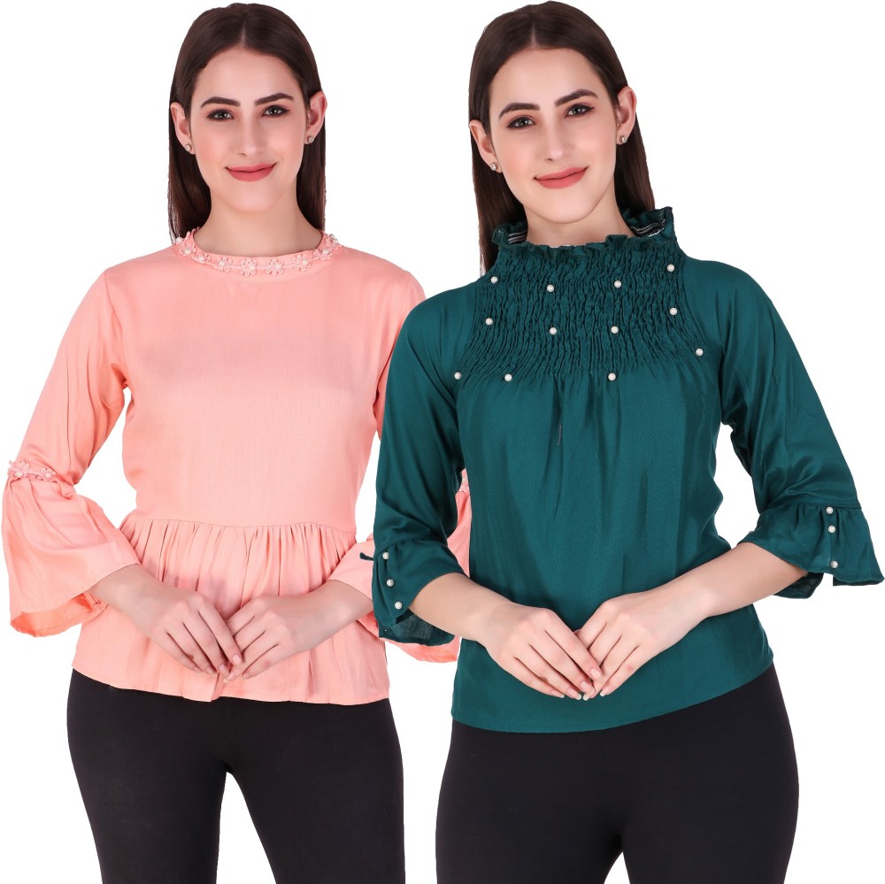 Rakshita Collection Casual Bell Sleeve Solid Women Green, Pink Top