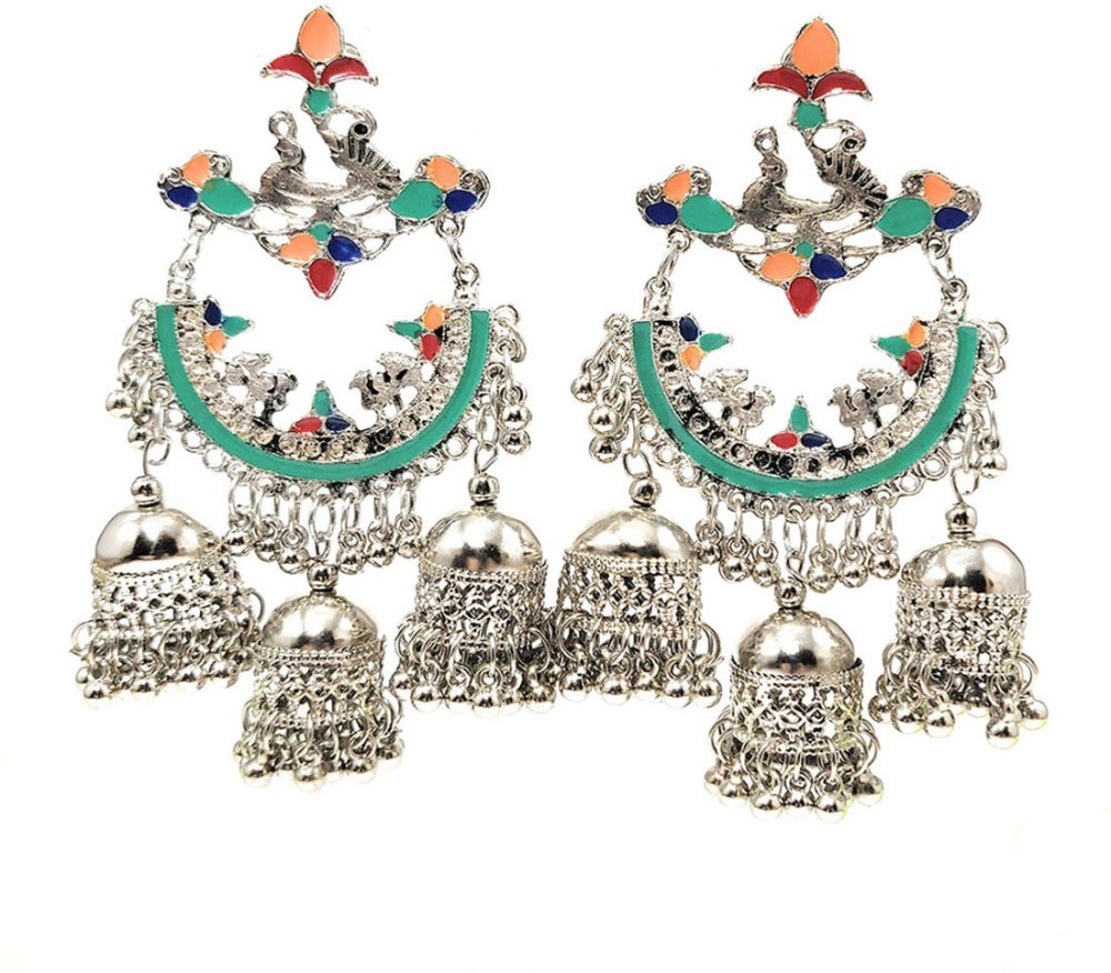 Gifts and Fashion Meenakari Oxidised Peacock Multi Jhumka Earrings German Silver Jhumki Earring