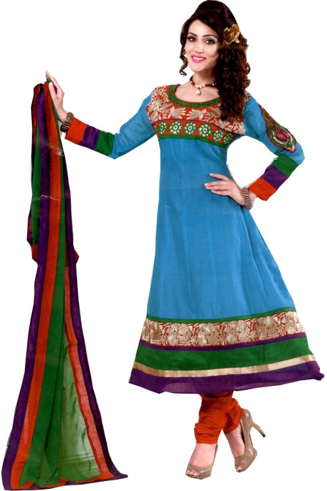 GreenViji Poly Chanderi Embroidered Gown/Anarkali Kurta & Bottom Material