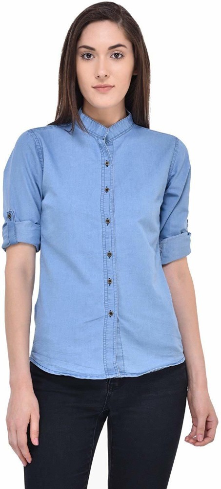 AE Fashion Women Self Design Casual Blue Shirt