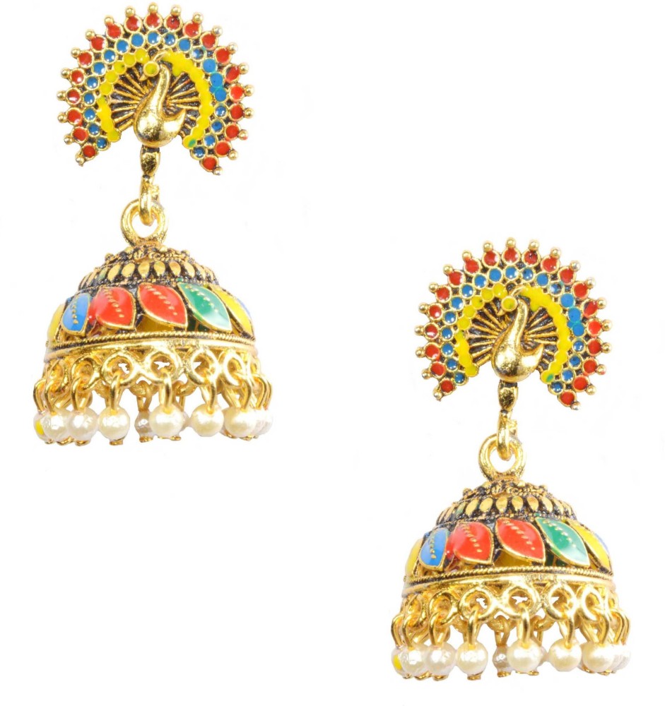 Frolics India Designer Multicoloured Peacock Style Dome Jhumki Hanging German Silver Jhumki Earring