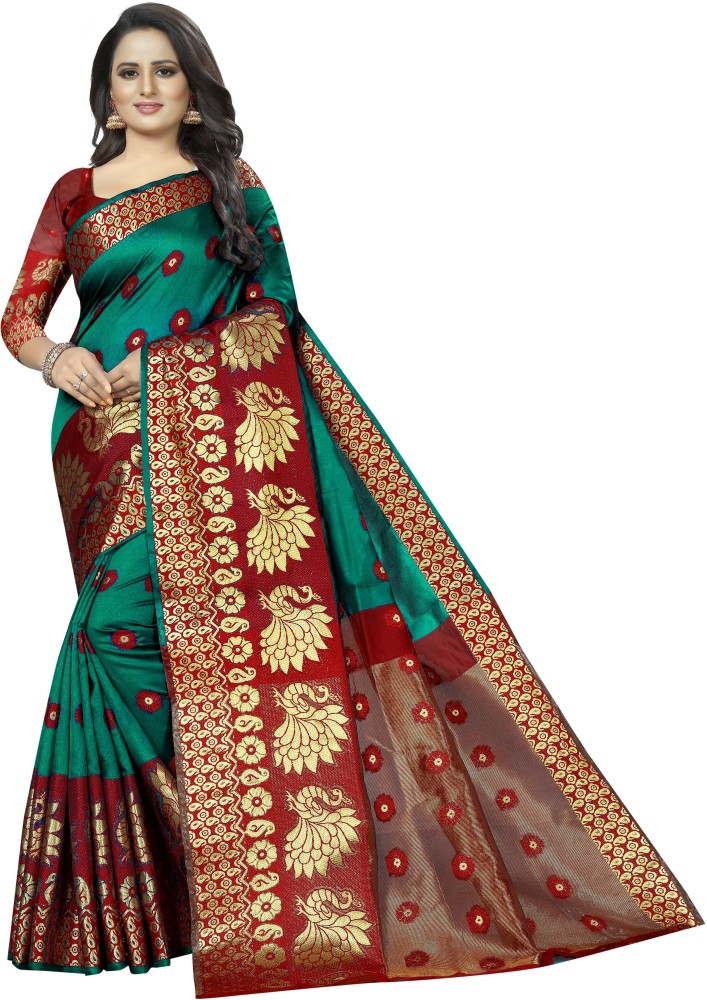 RadadiyaTRD Self Design, Woven, Floral Print Banarasi Cotton Blend Saree