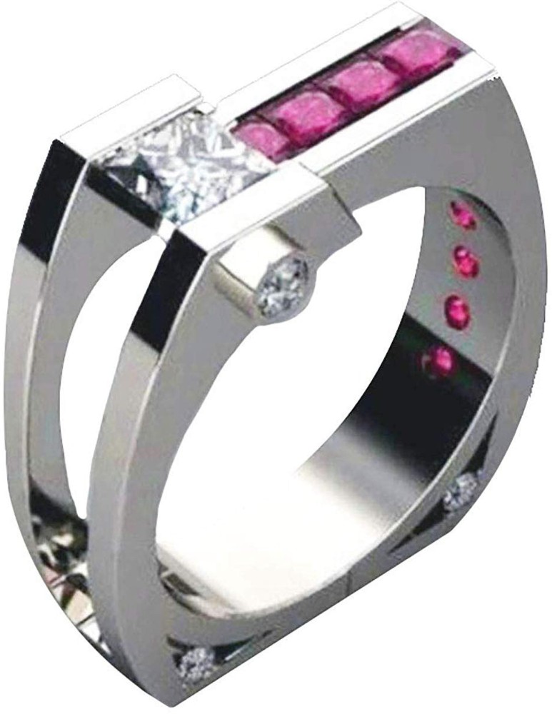 Deevam Design Red Ruby & Diamond Platinum Plated Designer Ring for Women & Girls Stainless Steel Crystal Platinum Plated Ring