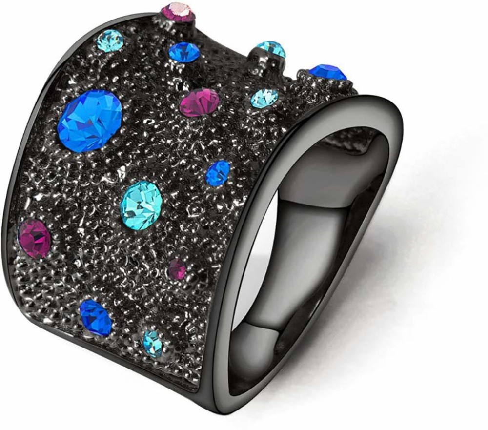 Deevam Swarovski Crystals Black Plated Ring for Women & Girls Stainless Steel Zircon Titanium Plated Ring