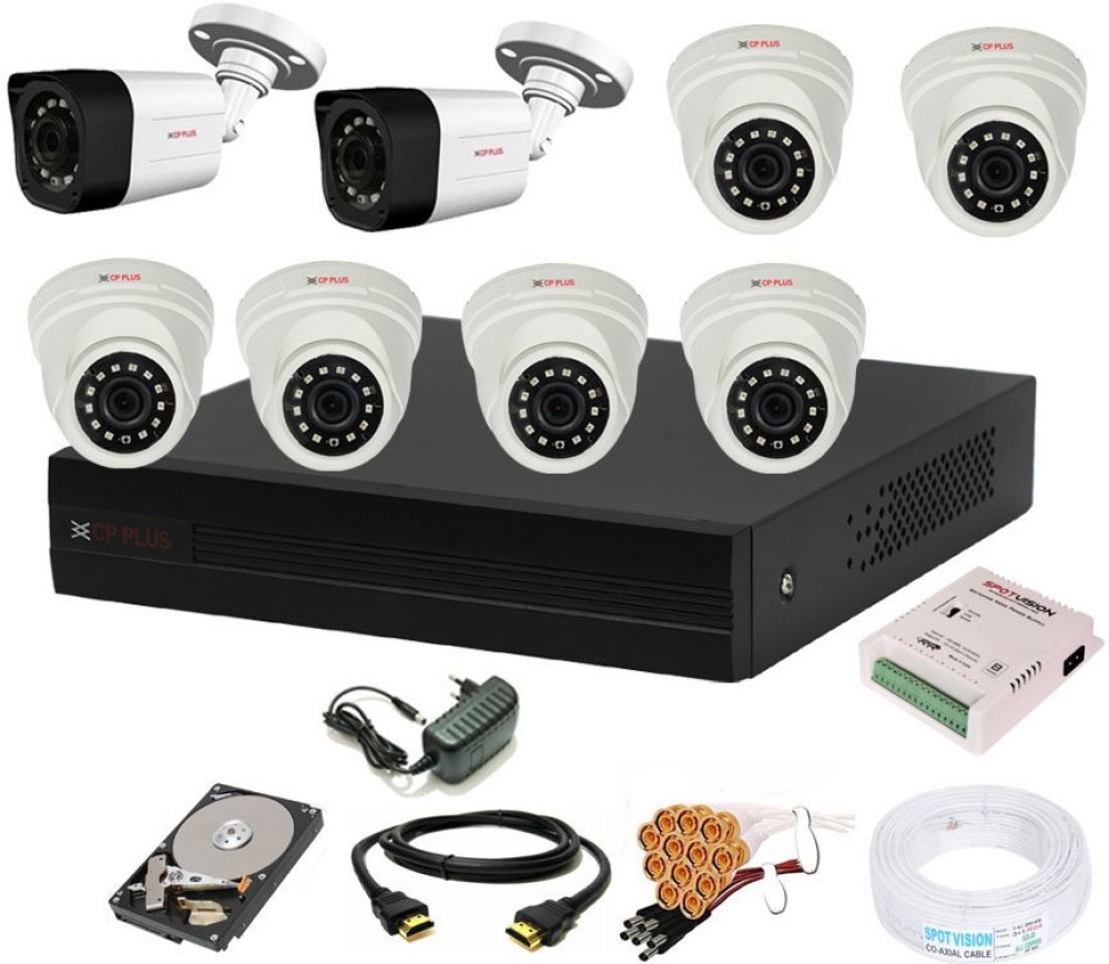 CP PLUS 8 Channal DVR 1080p 1Pcs,Outdoor Camera 2.4 MP 2Pcs,Indoor 2.4 MP 6Pcs, Security Camera