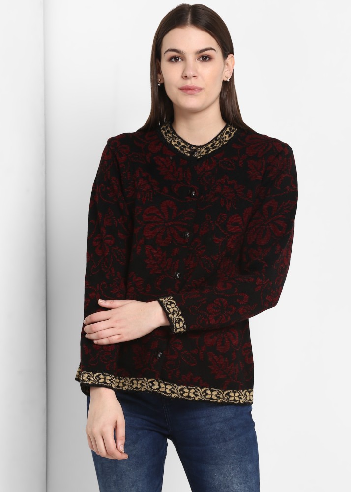Modeve Floral Print Round Neck Casual Women Black Sweater