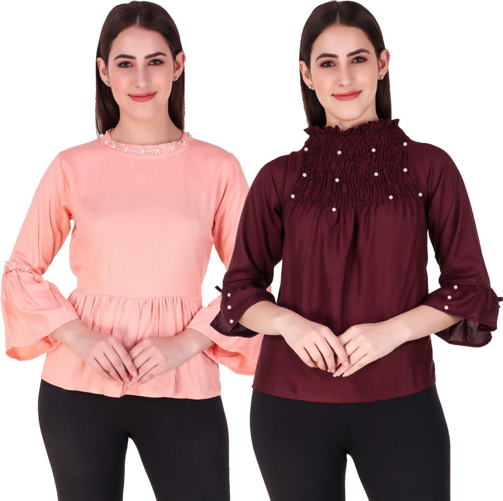 Rakshita Collection Casual Bell Sleeve Solid Women Maroon, Pink Top