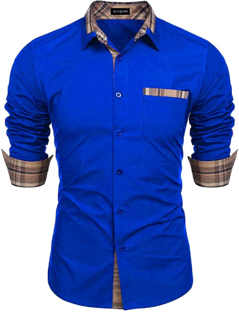 DEELMO Men Solid Casual Dark Blue Shirt