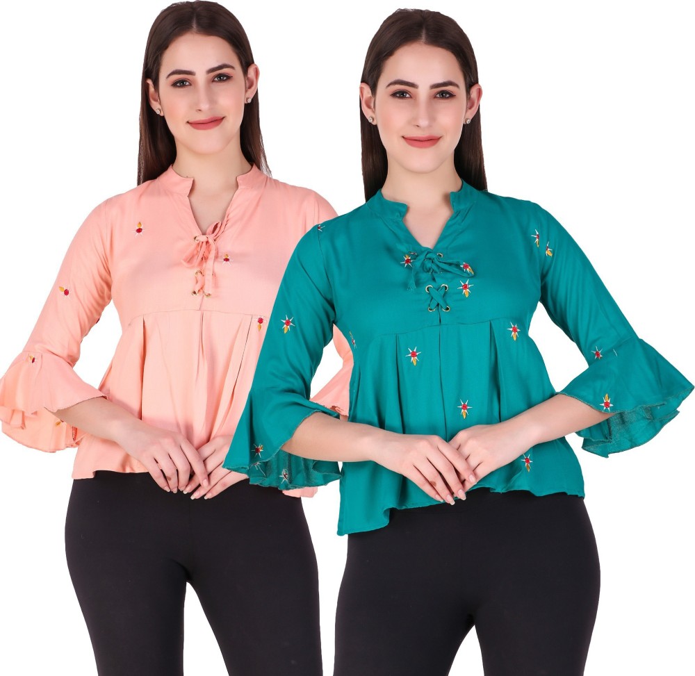 Rakshita Collection Casual Regular Sleeve, Bell Sleeve Embroidered, Solid Women Green, Pink Top