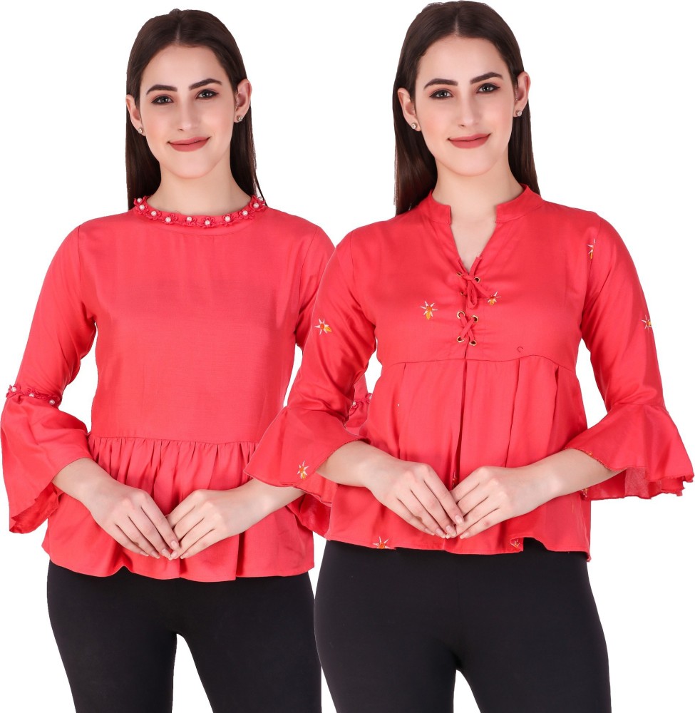 Rakshita Collection Casual Bell Sleeve Embroidered, Solid Women Pink Top