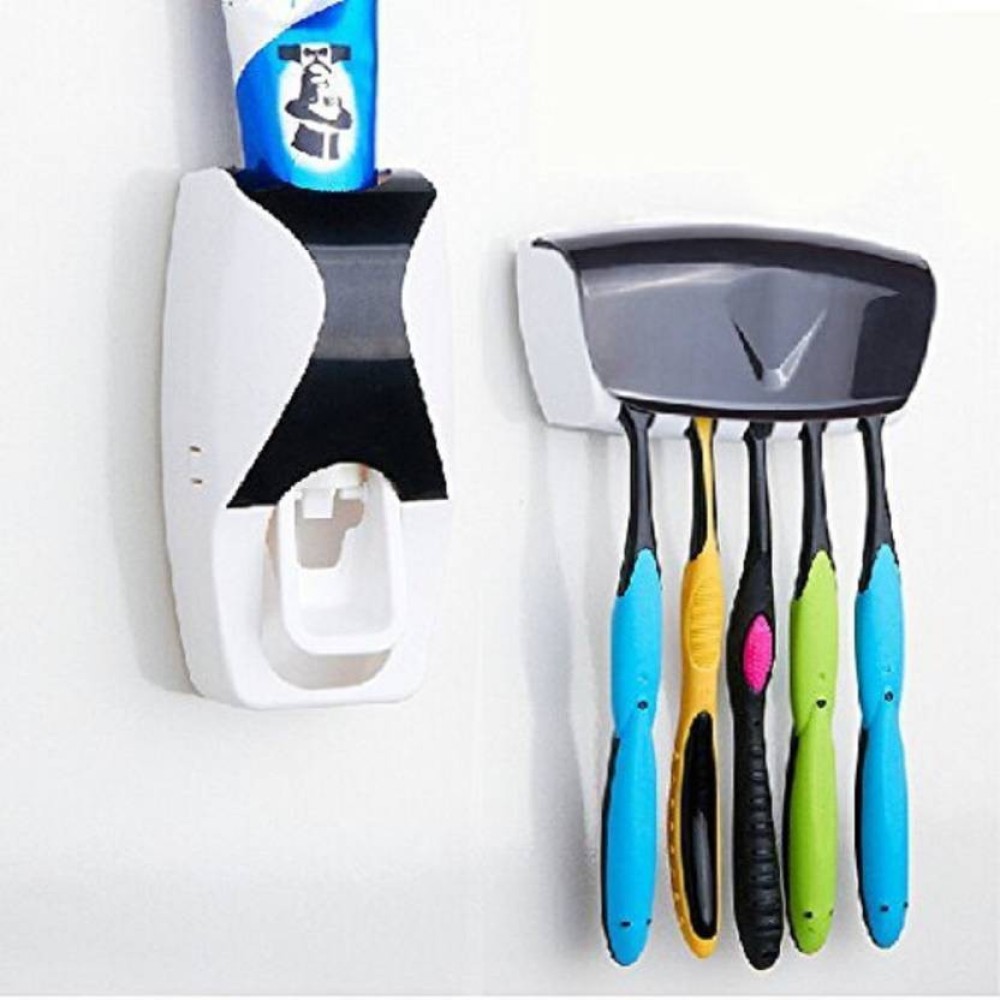 Oxfo Automatic Toothpaste Dispenser With 5 Toothbrush Holder Set Wall Mount Stand Plastic Plastic Toothbrush Holder