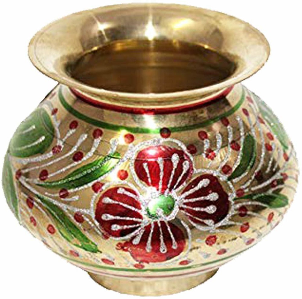 salvusappsolutions Handpainted Meenakari Brass Karwa Chauth Lota (11x11x9 cm, Multicolour) Brass Kalash