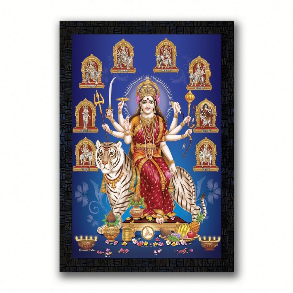 Poster N Frames UV Textured Decorative Art Print of Maa Durga or Nav Durga with wooden synthetic frame Painting Size 14 x 20 inch Digital Reprint 20 inch x 14 inch Painting