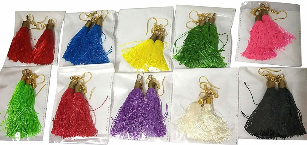 GOELX Silk Thread Tassel Earrings Combo Handmade & Elegant in Beautiful Colors - Neon Collection - 10 Pair Silk Dori Tassel Earring