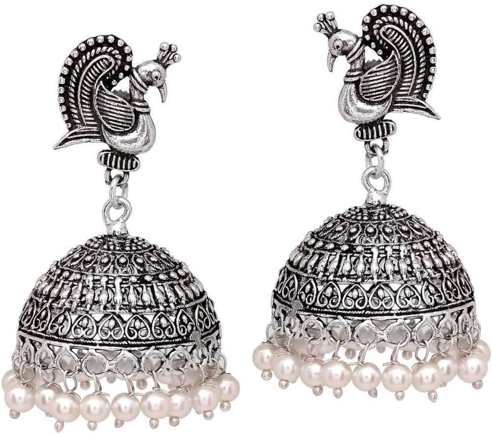Tazs Dancing Peacock Black Metal Silver Palted Oxidized Jhumki with white pearls Earrings For Women Mother of Pearl German Silver Jhumki Earring