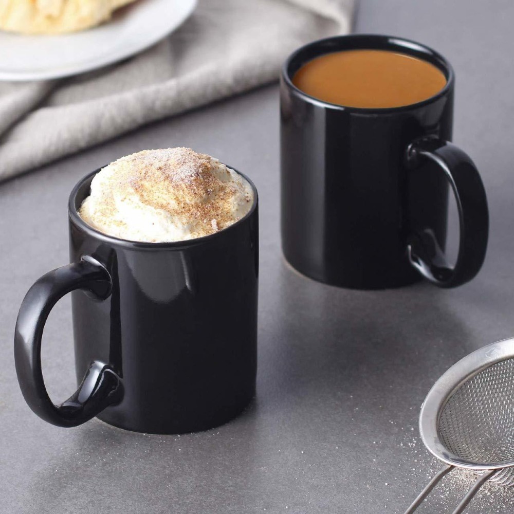 Fluemart Unique Ceramic Glossy Black Colour Milk / Coffee 320ml {Set of 2} Ceramic Coffee Mug