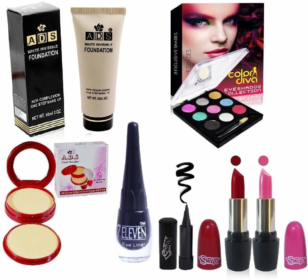 ads 2in1 Compact+Kajal+Foundation(60ml) +Pink Red Lipstick+9Colour Eyeshadow Pack Of-7