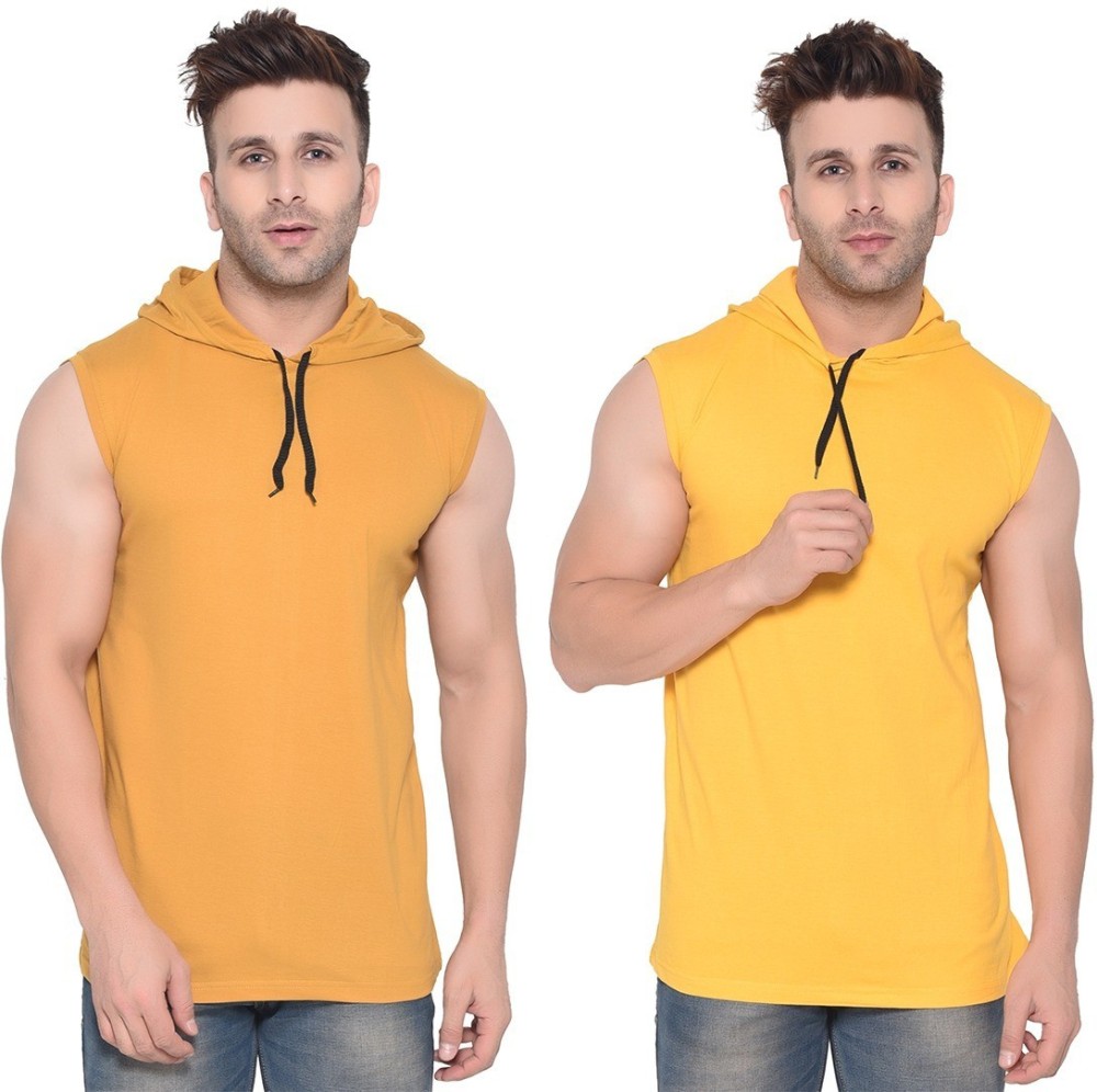 BEYOU FASHION Solid Men Hooded Neck Gold, Yellow T-Shirt