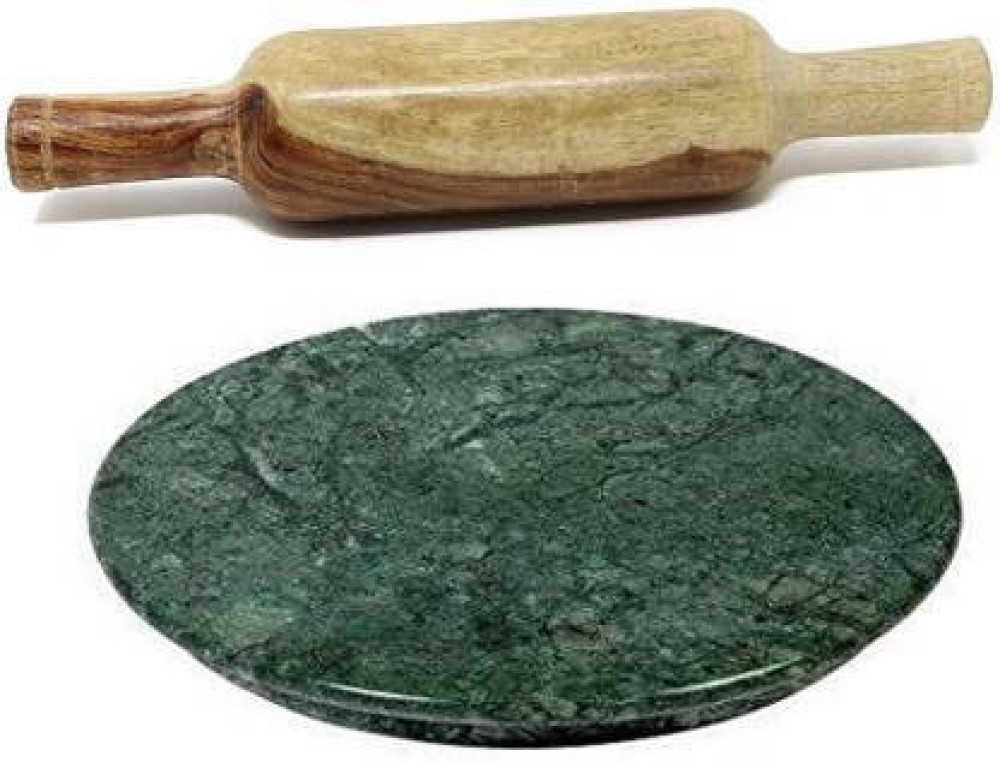 SHIVAYE COLLECTION Green Marble Roti Maker with Wooden Belan/White Marble Chakla Diameter with Belan Rolling Pin Rolling Pin & Board
