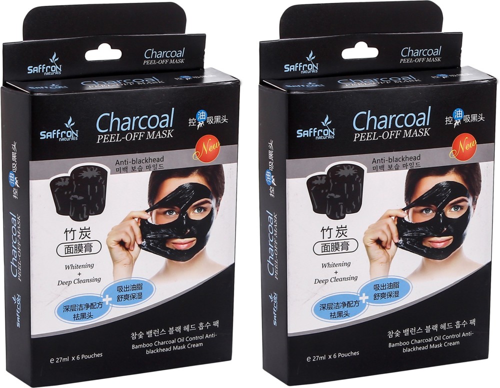 Saffron Naturals Charcoal Peel off Mask Removes Black Heads, Tightens Pores and Deeply Cleanses Skin, Pack of 2 (27ml x 6 Pouch)