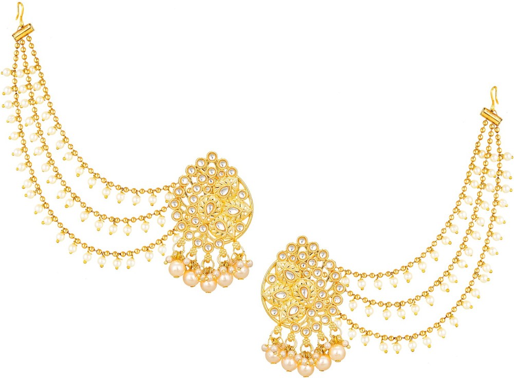 LUXOR Latest Designer Stylish Trendy Gold Plated Baahubali Hair Chain Pearl Alloy Drops & Danglers